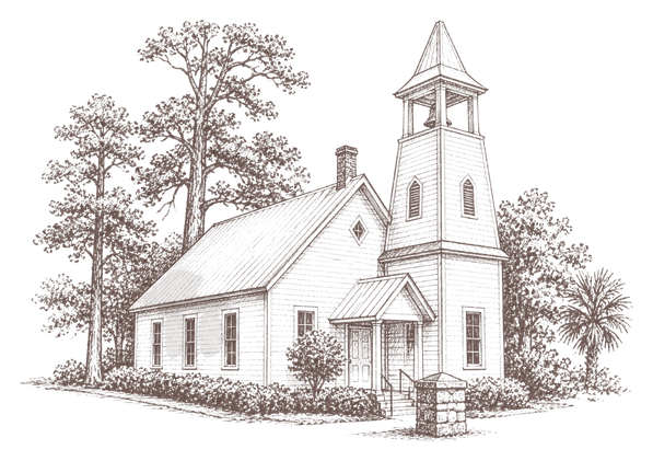 Hand-drawn illustration of a small white chapel